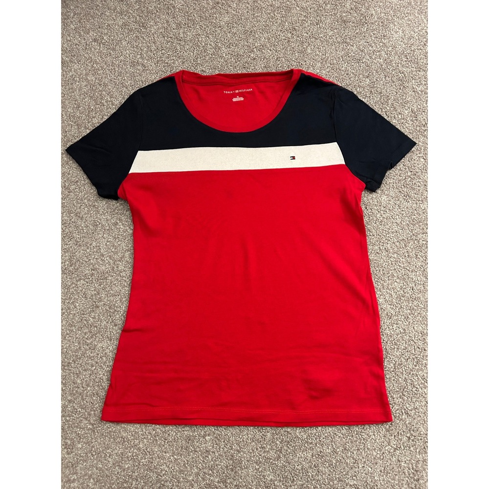Tommy Hilfiger T-Shirt Womens Medium Red Colorblock Excellent Short‎ Sleeve Tee